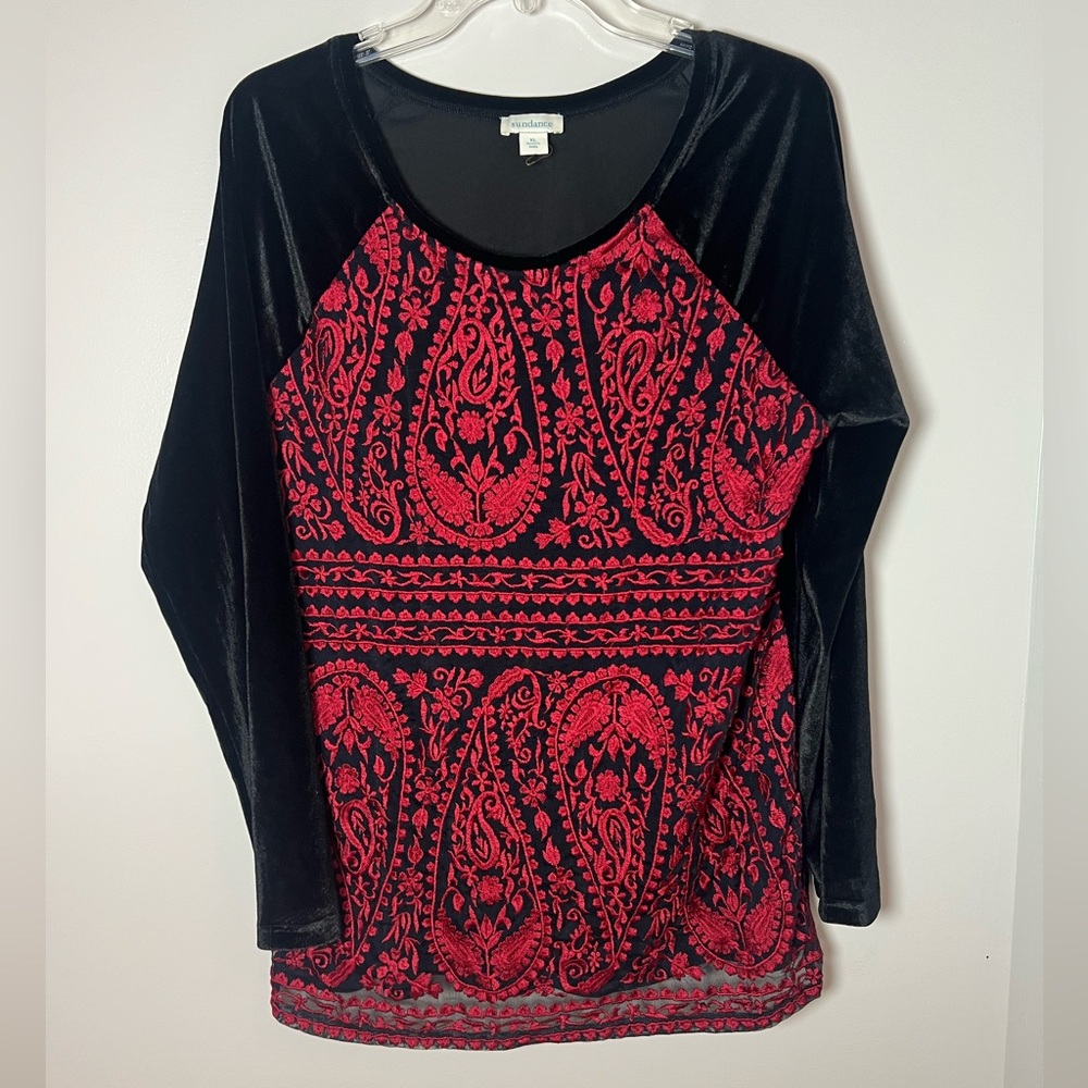 Sundance Embroidered Mesh Enchantress Velvet Top Black Red Bohemian Size XL - Picture 2 of 5